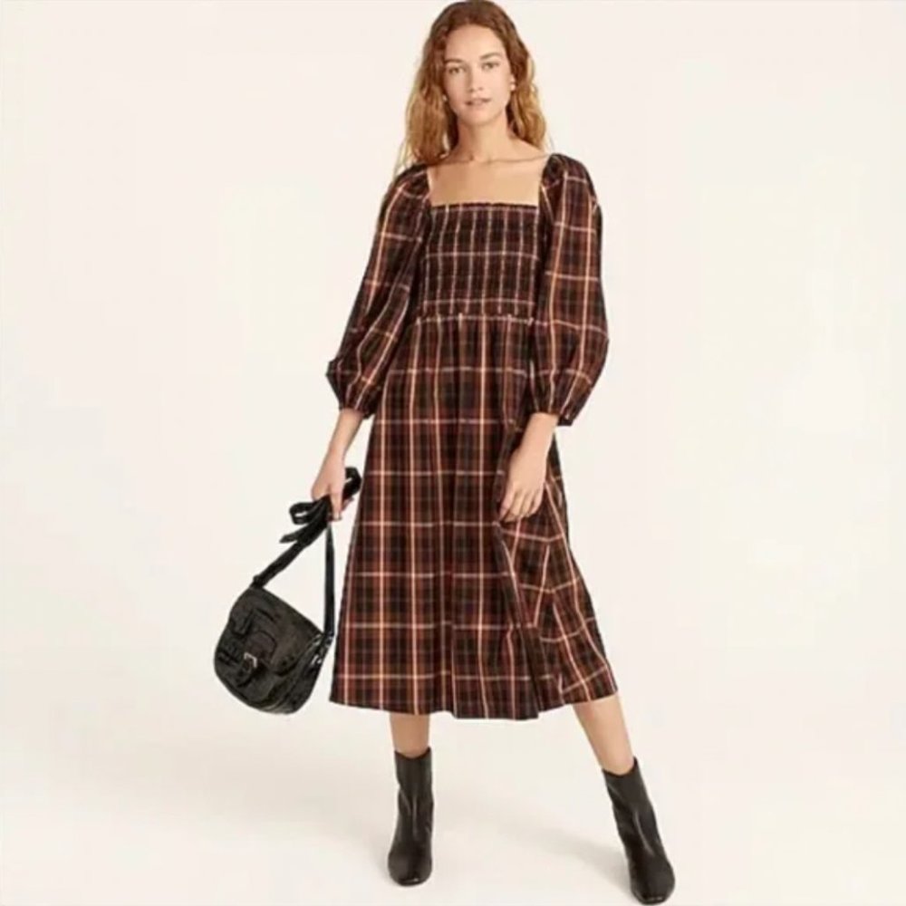 J. CREW Womens Smocked Puff-Sleeve Midi dress M Friday Plaid Brown Cotton BD997